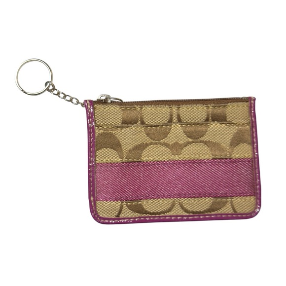 Coach ID card holder keychain burgundy & tan signature jacquard Pre-loved - Picture 1 of 3